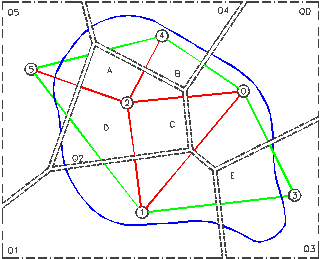 Figura 5 -Retângulo e polígonos auxiliares (linhas tracejadas), utilizados no cálculo dos polígonos de Thiessen.