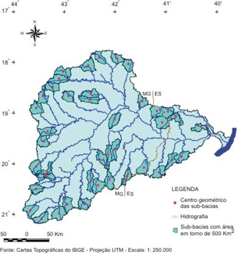 Figura 9  Localizao das sub-bacias com rea de drenagem em torno de 500 km2 na bacia do rio Doce.