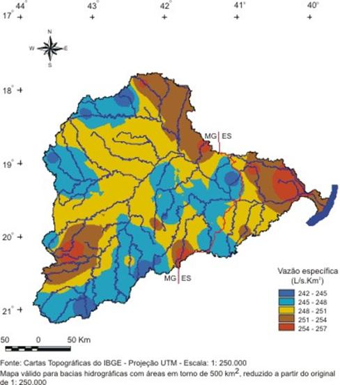 Figura 10  Mapa da vazo especfica mxima diria anual para perodo de retorno de 50 anos, na bacia do rio Doce.