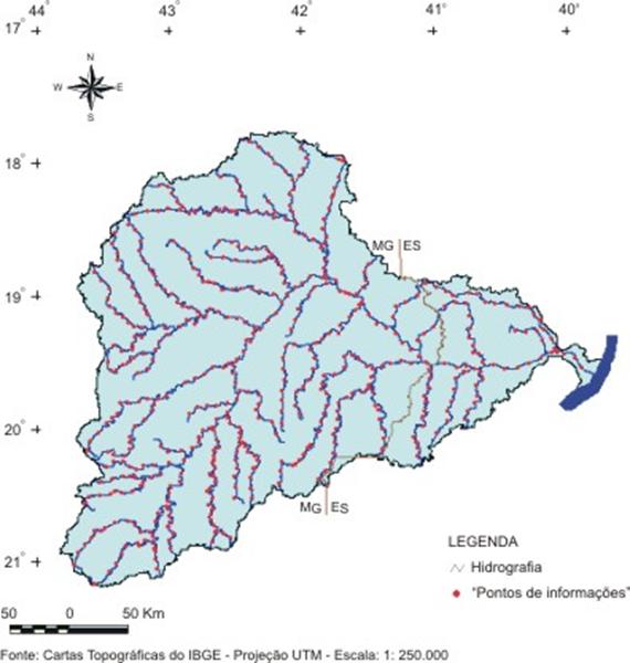 Figura 11 – Cursos
d’água principais da bacia do rio Doce seccionados, em
“pontos de informação” eqüidistantes de 10 km,  a partir das nascentes até a foz.