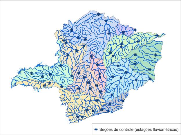 Figura 15 - Localização das 58 "seções de controle"
(estações fluviométricas) no mapa das regiões hidrográficas a serem estudadas.