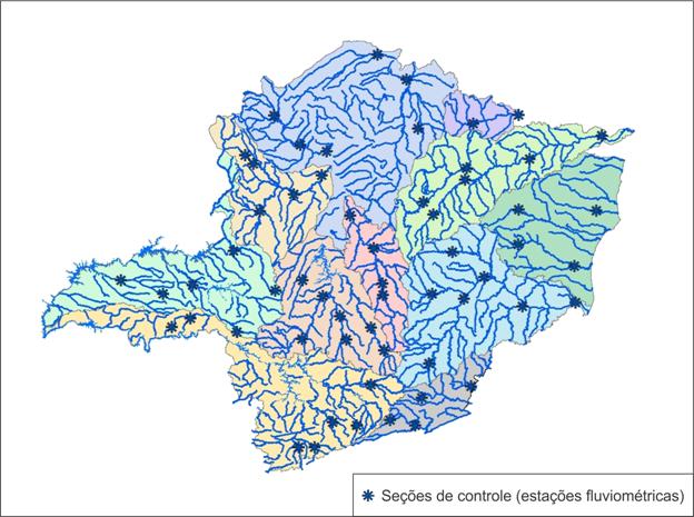 Figura 15 - Localizao das 58 "sees de controle"
(estaes fluviomtricas) no mapa das regies hidrogrficas a serem estudadas.